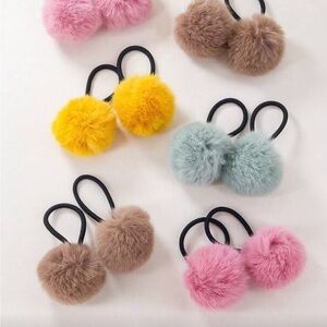 Set of 6 Pom Pom Hair Ties in Pink, Yellow, Brown, and Blue